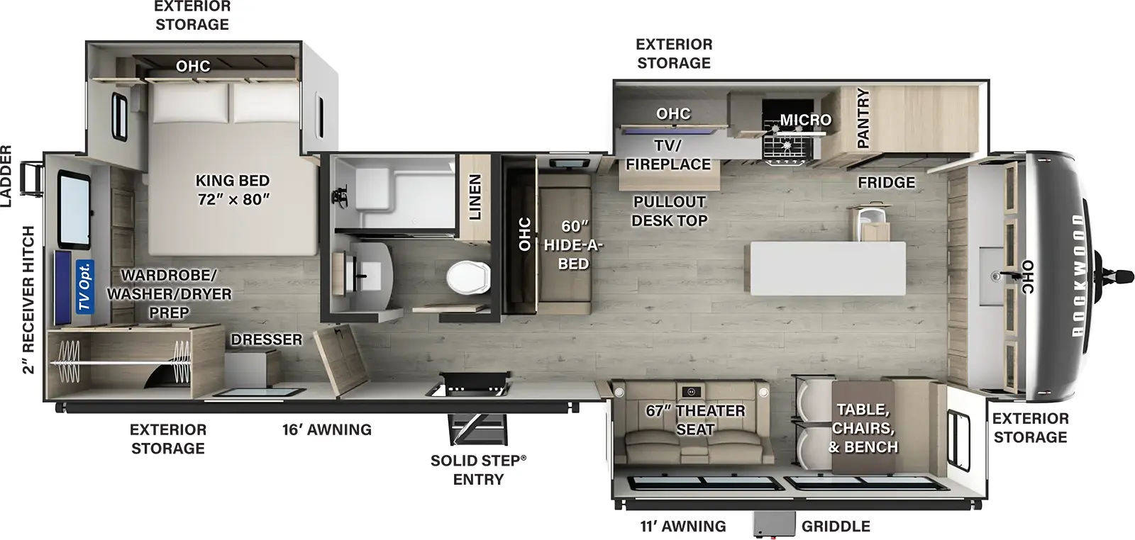 The Rockwood Signature Travel Trailers 8339FK has one entry and three slide outs. Exterior features include: fiberglass exterior and 16' & 11' awning. Interiors features include: front kitchen, kitchen island and rear bedroom.